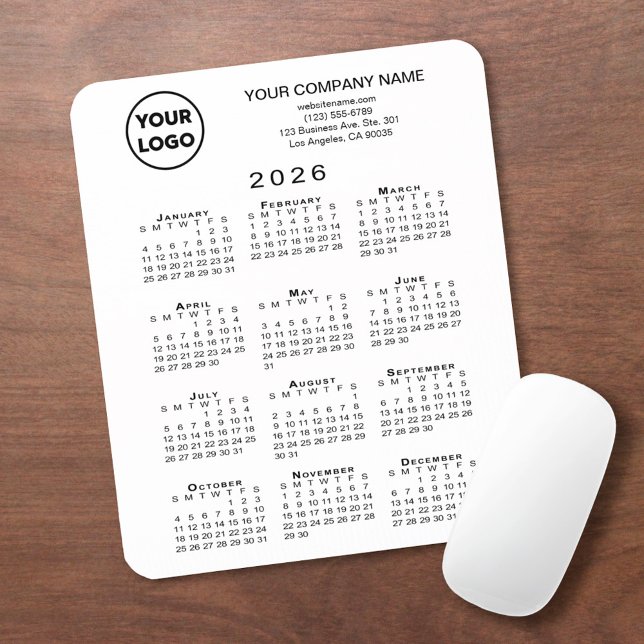2026 Calendar Business Logo and Text on White Mouse Pad (2026 Calendar Business Logo and Text on White Mouse Pad, in situ)
