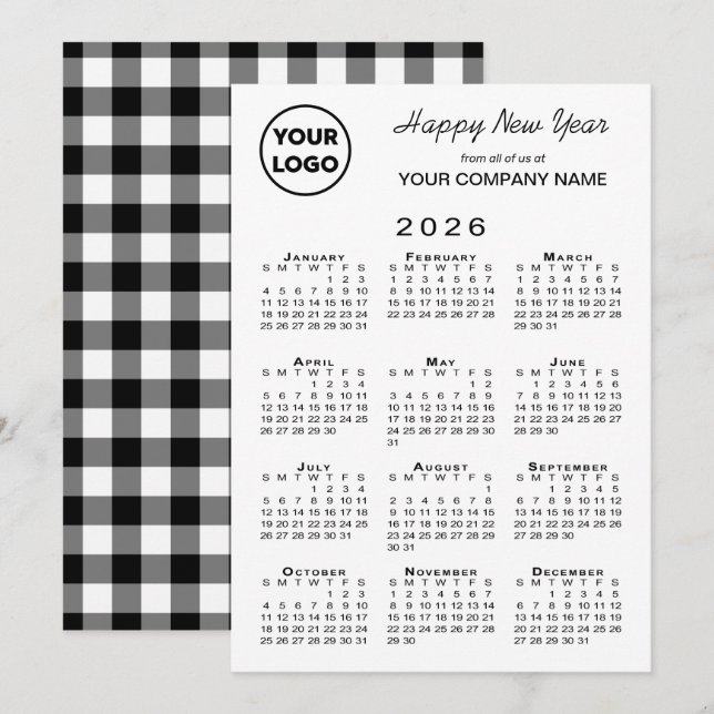 2026 Calendar Business Logo Black White Gingham Holiday Card (Front/Back)