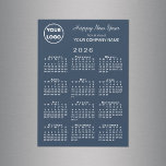 2026 Calendar Business Logo Navy Holiday Magnet<br><div class="desc">Wish your customers a happy new year with 2026 calendar magnetic cards personalised with your business logo, greeting, and company name in white text on a navy blue background. Add your logo and text in the sidebar. Your logo can be any shape. White or light coloured logos will work best...</div>