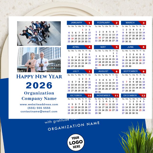 2026 Calendar Business Logo Photo Blue Minimalist Holiday Card (Creator Uploaded)