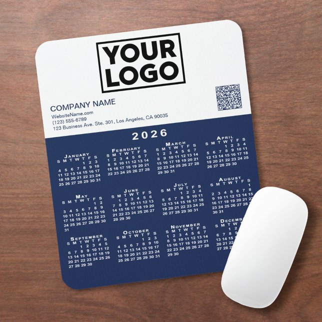 2026 Calendar Business Logo QR Code Navy White Mouse Pad (2026 Calendar Business Logo QR Code Navy White Mouse Pad, in situ)