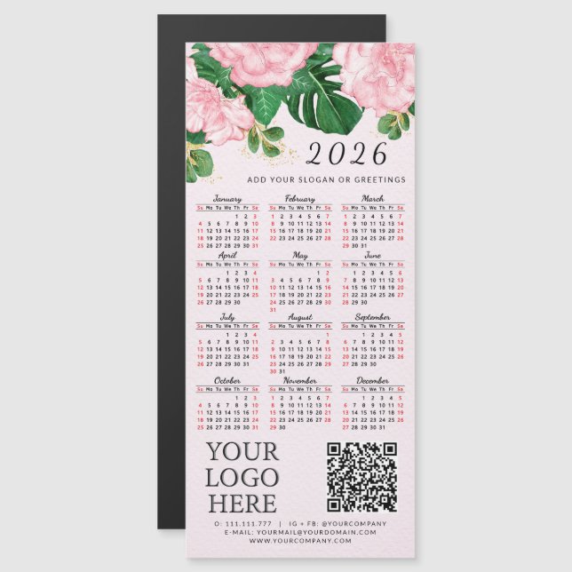 2026 Calendar Business Logo QR Code Pink Floral (Front/Back)