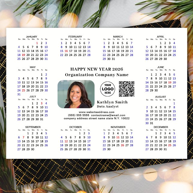 2026 Calendar Business Logo QR Modern Black Simple Holiday Card (Creator Uploaded)