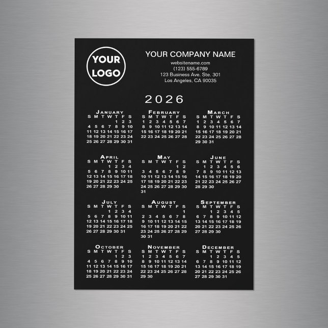 2026 Calendar Business Logo Text Black Magnet Card (2026 Calendar Business Logo Text Black Magnet Card, in situ)