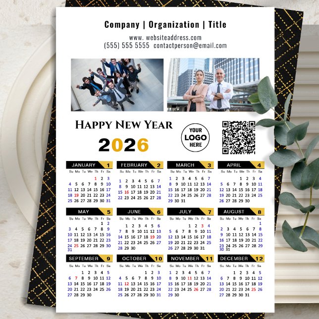 2026 Calendar Business Photo Logo QR Modern Black  Holiday Card (Creator Uploaded)