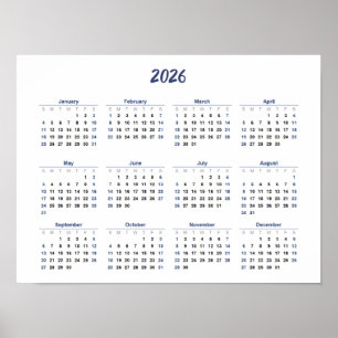 2026 Calendar By Month Home School Office Wall Poster
