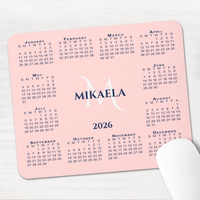 2026 Calendar Chic Monogram Name on Coral Pink Mouse Pad (2026 Calendar Chic Monogram Name on Coral Pink Mouse Pad with mouse)