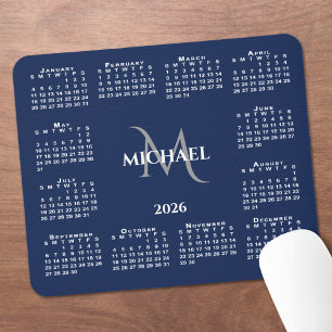 2026 Calendar Chic Monogram Name on Navy Blue Mouse Pad