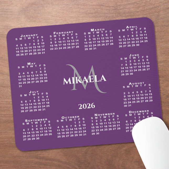 2026 Calendar Chic Monogram Name on Purple Mouse Pad (2026 Calendar Chic Monogram Name on Purple Mouse Pad, in situ)