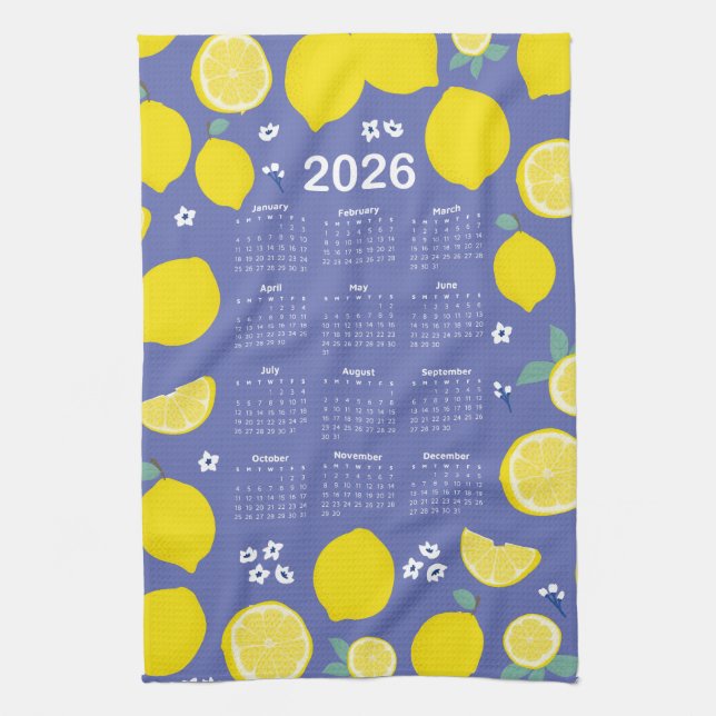 2026 Calendar Citrus Lemon Pattern Tea Towel (Vertical)