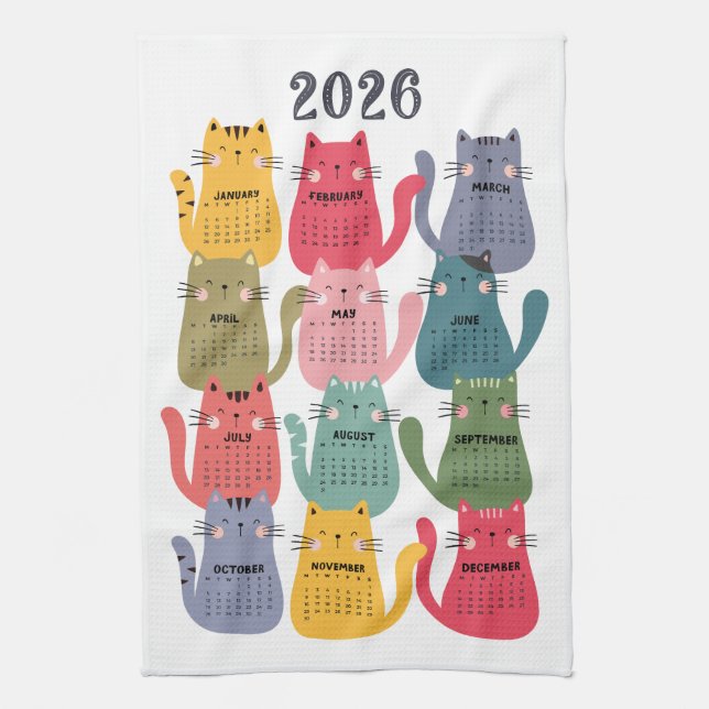 2026 Calendar Colourful Cats Tea Towel (Vertical)