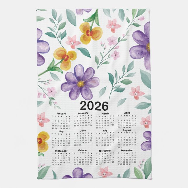 2026 Calendar Colourful Floral Botanical Garden Tea Towel (Vertical)