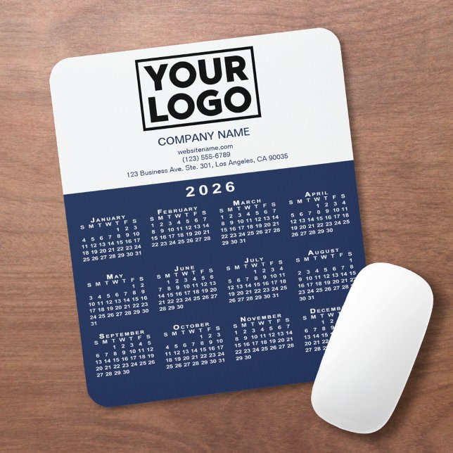 2026 Calendar Company Logo and Text Navy White Mouse Pad (2026 Calendar Company Logo and Text Navy White Mouse Pad, in situ)