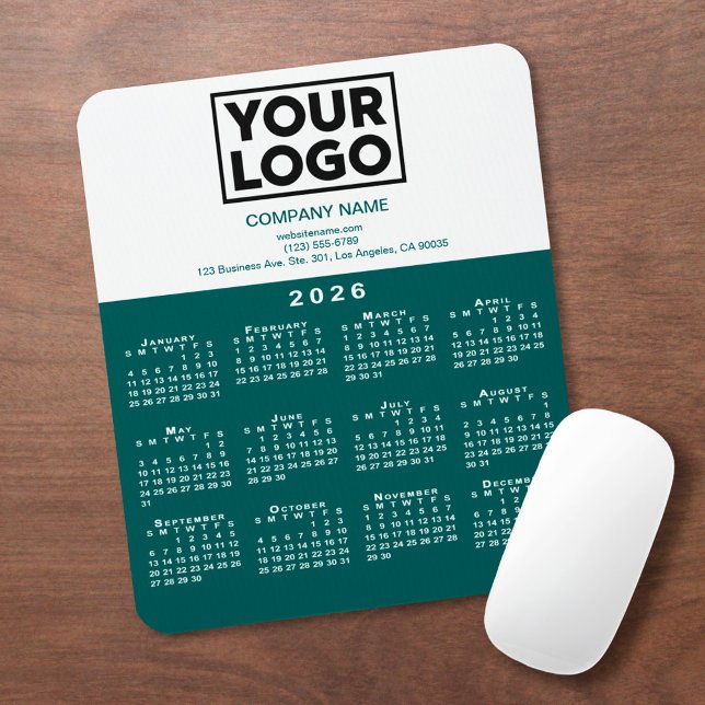 2026 Calendar Company Logo and Text Teal White Mouse Pad (2026 Calendar Company Logo and Text Teal White Mouse Pad, in situ)