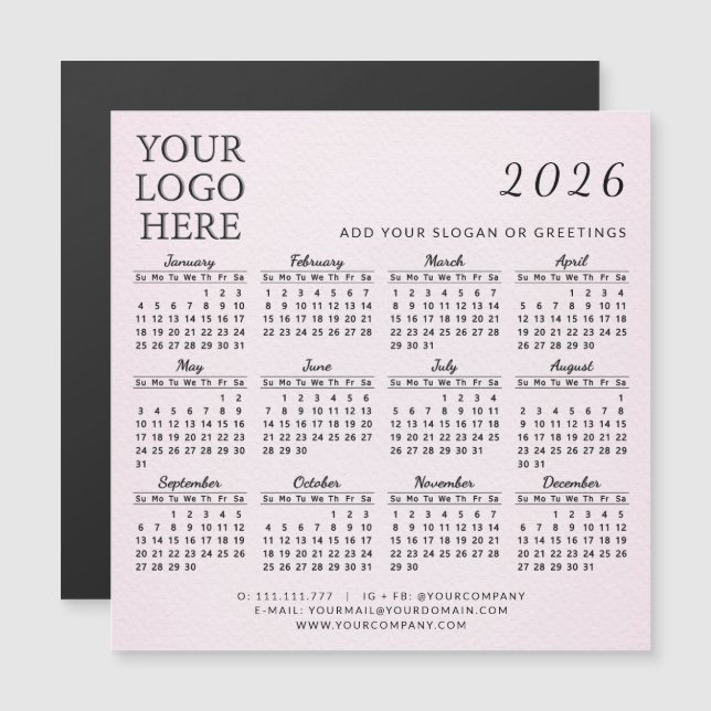 2026 Calendar Company Logo Business Blush Pink (Front/Back)