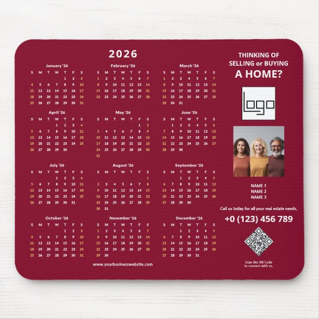 2026 Calendar Company Logo QR Code Burgundy Photo Mouse Pad (Front)