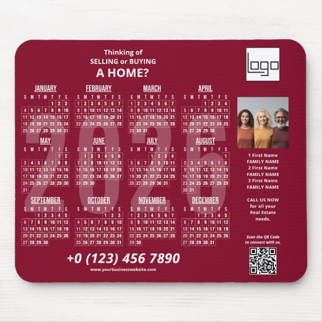 2026 Calendar Company Logo QR Code Burgundy Photo Mouse Pad (Front)