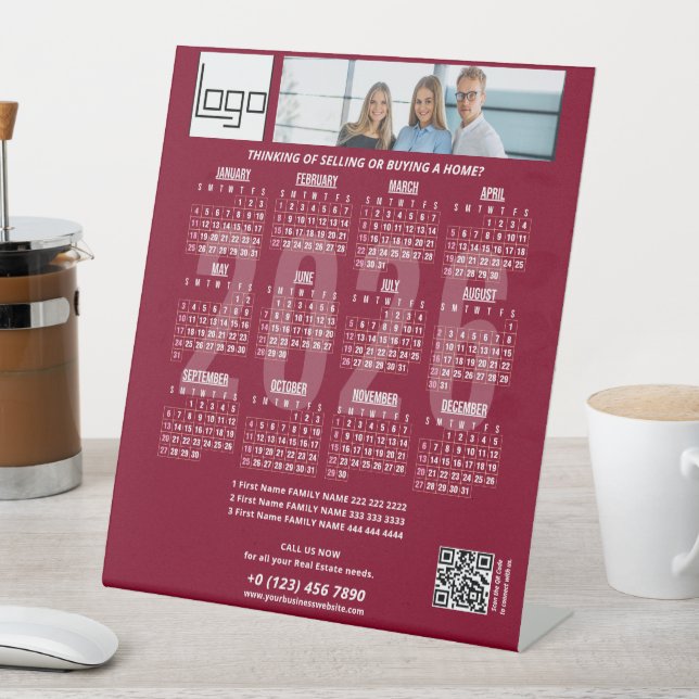 2026 Calendar Company Logo QR Code Burgundy Photo Pedestal Sign (In SItu)
