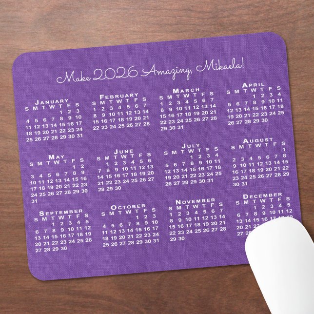 2026 Calendar Custom Name Purple Linen Photo Mouse Pad (2026 Calendar Custom Name Purple Linen Photo Mouse Pad, in situ)