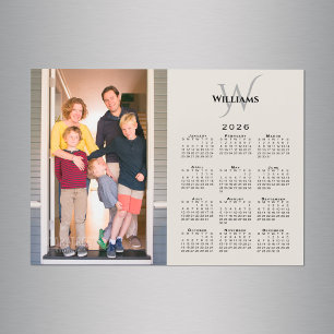 2026 Calendar Custom Photo Monogram Beige Magnet