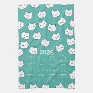 2026 Calendar cute cat faces Pattern Tea Towel