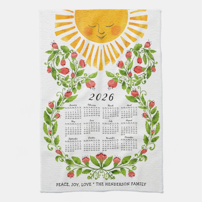 2026 Calendar Cute Floral Tea Towel (Vertical)