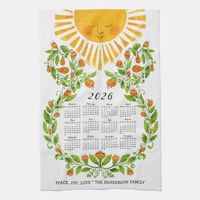 2026 Calendar Cute Sun Orange Flowers Floral Tea Towel (Vertical)