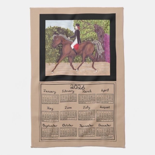 2026 Calendar Dressage Horse Sport Fabric Font Tea Towel (Vertical)