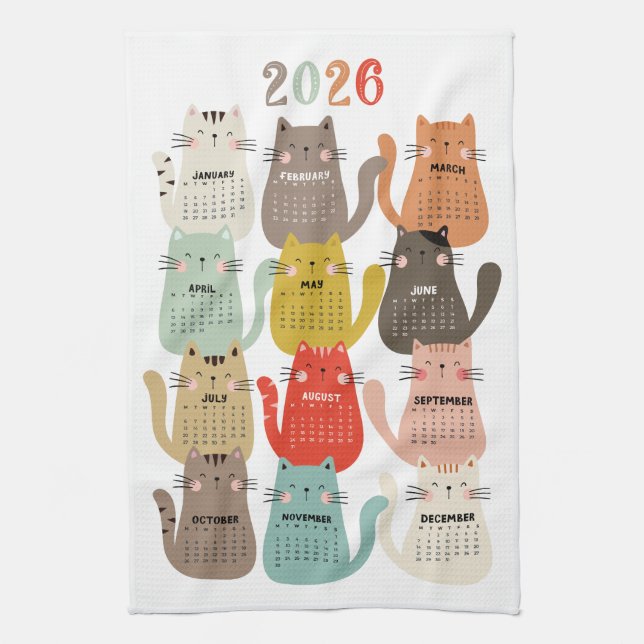 2026 Calendar Earth Tones Cats Tea Towel (Vertical)