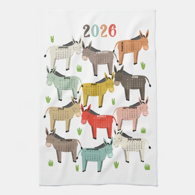 2026 Calendar Earth Tones Donkey Tea Towel (Vertical)