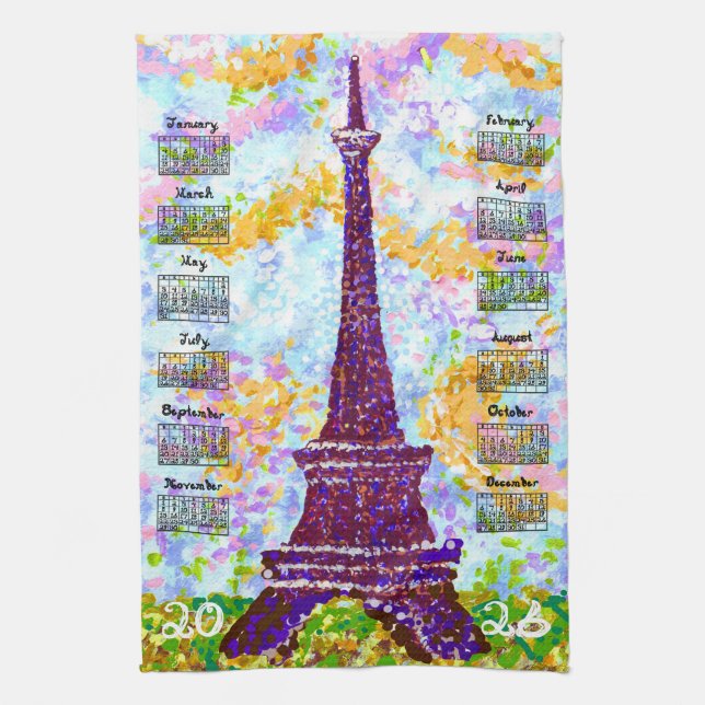 2026 Calendar Eiffel Tower Pointillism Landscape Tea Towel (Vertical)