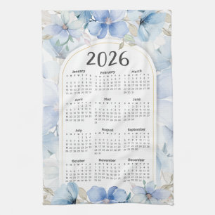 2026 Calendar Elegant Blue Floral Garden Tea Towel