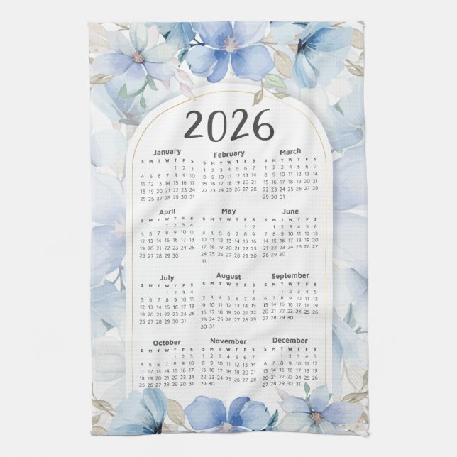2026 Calendar Elegant Blue Floral Garden Tea Towel (Vertical)