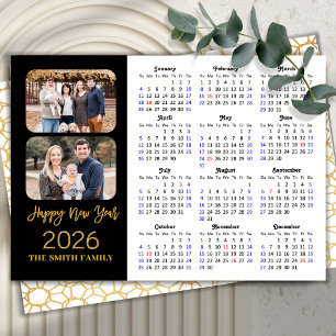 2026 Calendar Elegant Gold Glitter Script 2 Photo Holiday Card