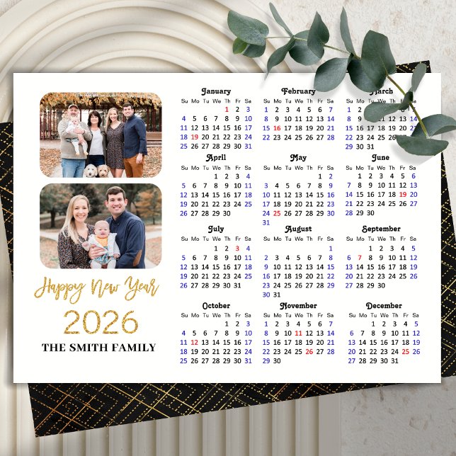 2026 Calendar Elegant Gold Glitter Script 2 Photo Holiday Card (Creator Uploaded)