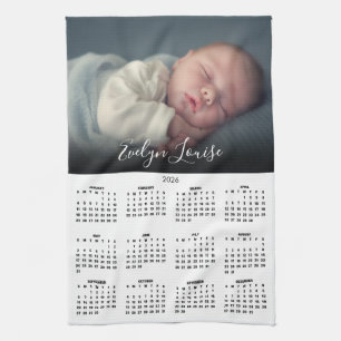 2026 Calendar Elegant Script Name Photo  Tea Towel