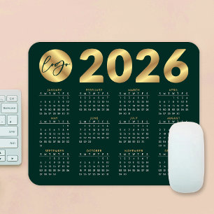 2026 Calendar Emerald Green & Gold Business Logo Mouse Pad