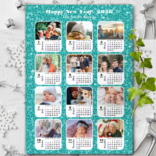 2026 Calendar Family 12 Photo Collage Festive Blue Holiday Card