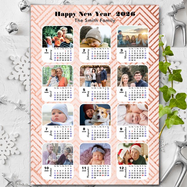 2026 Calendar Family 12 Photo Collage Modern Pink Holiday Card (Creator Uploaded)
