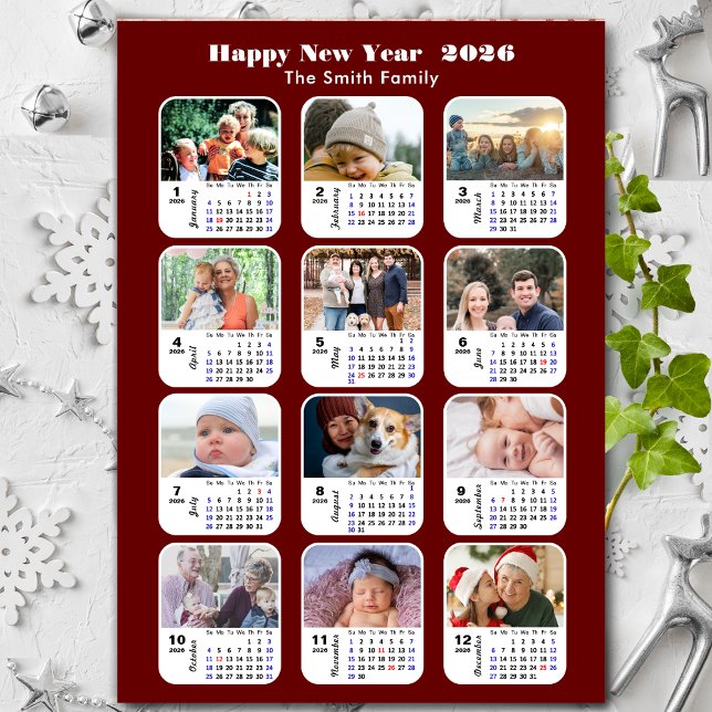 2026 Calendar Family 12 Photo Collage Modern Red Holiday Card (Creator Uploaded)