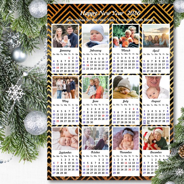 2026 Calendar Family 12 Photo Modern Black Gold (Creator Uploaded)