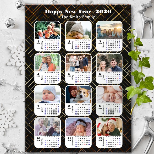 2026 Calendar Family 12 Photo Modern Black Gold (Creator Uploaded)