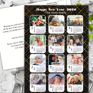 2026 Calendar Family 12 Photo Modern Black Gold Holiday Postcard