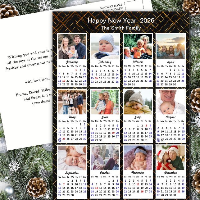 2026 Calendar Family 12 Photo Modern Black Gold Holiday Postcard (Creator Uploaded)