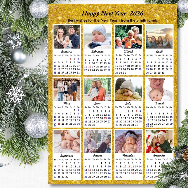 2026 Calendar Family 12 Photo Modern Gold Glitter (Creator Uploaded)