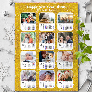 2026 Calendar Family 12 Photo Modern Gold Glitter