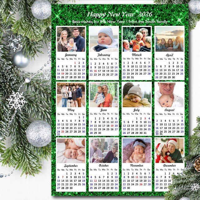 2026 Calendar Family 12 Photo Modern Green Glitter (Creator Uploaded)