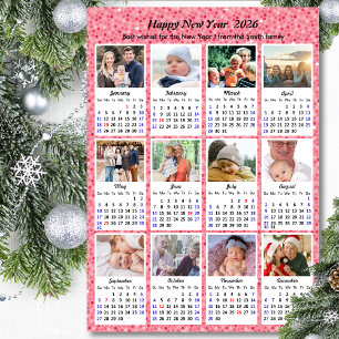 2026 Calendar Family 12 Photo Modern Pink Glitter