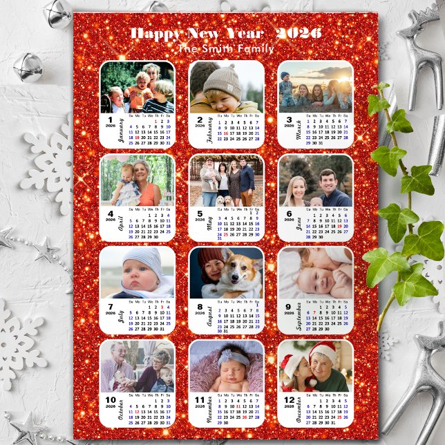 2026 Calendar Family 12 Photo Modern Red Glitter (Creator Uploaded)