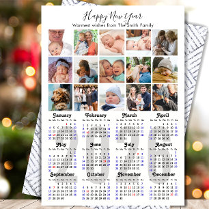 2026 Calendar Family 15 Photo Collage Black Silver Holiday Card